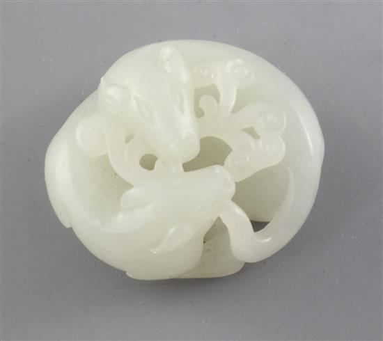 A Chinese white jade carving of two badgers biting a sprig on lingzhi, 3.9cm